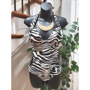 Apollo Womens Black White Nylon Halter Neck Sleeveless 1 Piece Swimsuit Size XL